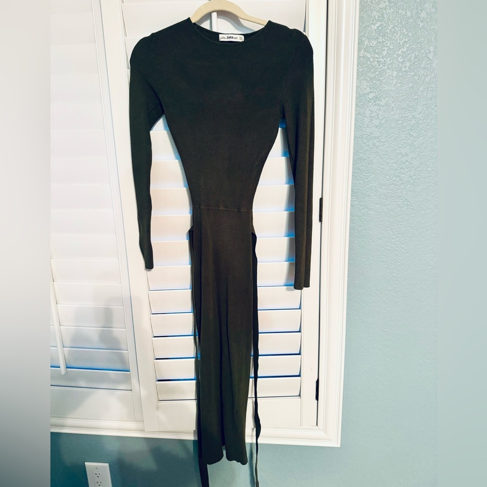 Zara Olive Green Knit Dress Open Back Tie Waist Long Sleeve Bodycon - S